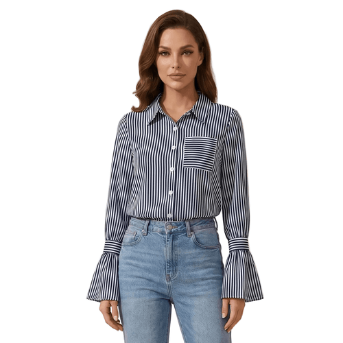 Blouse Women Flared Sleeve Striped Pattern Design - Evergreen Outfits - Women Blouse
