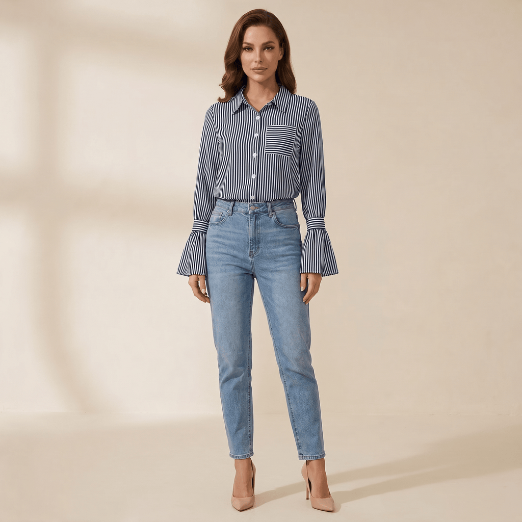 Blouse Women Flared Sleeve Striped Pattern Design - Evergreen Outfits - Women Blouse