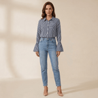 Blouse Women Flared Sleeve Striped Pattern Design - Evergreen Outfits - Women Blouse