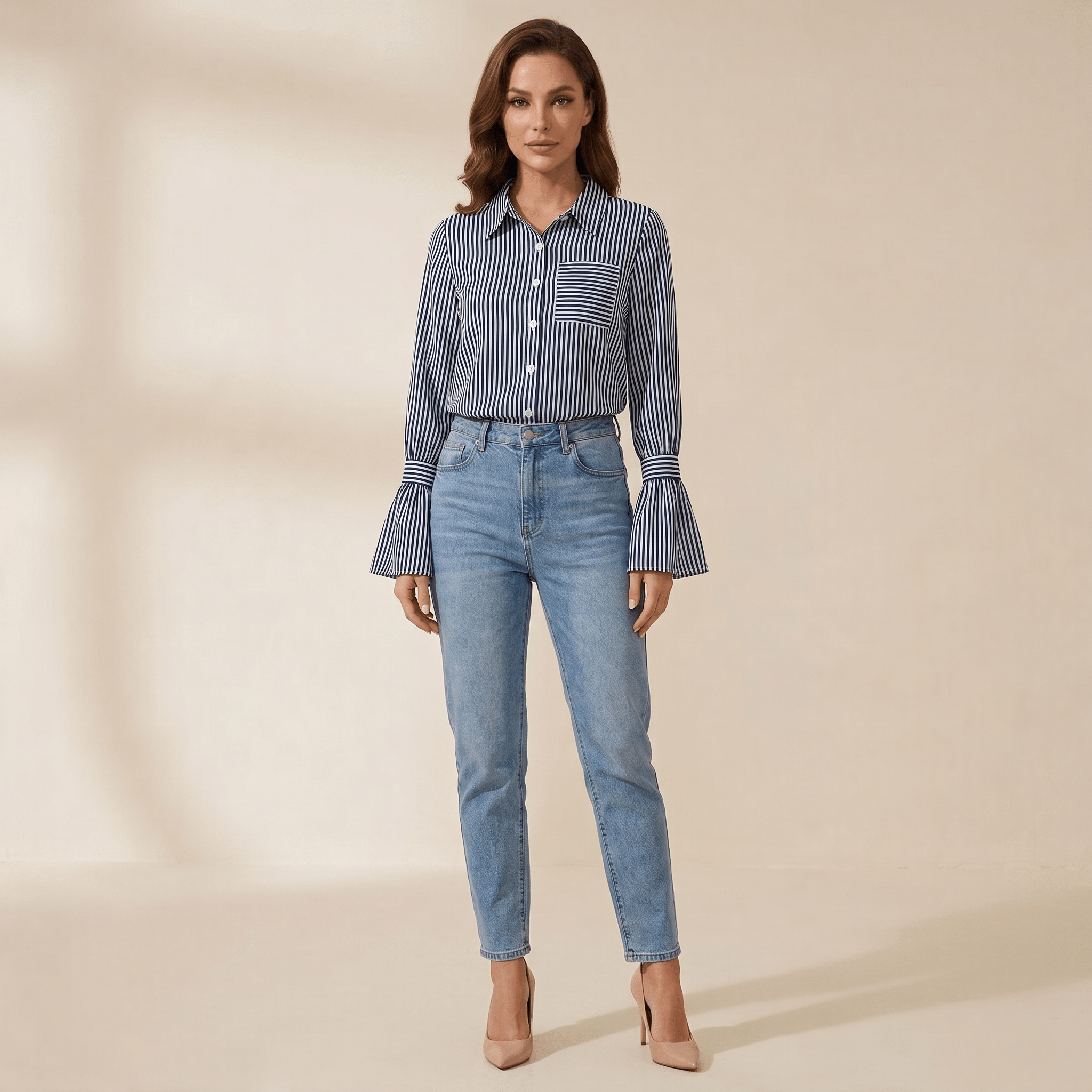 Blouse Women Flared Sleeve Striped Pattern Design - Evergreen Outfits - Women Blouse