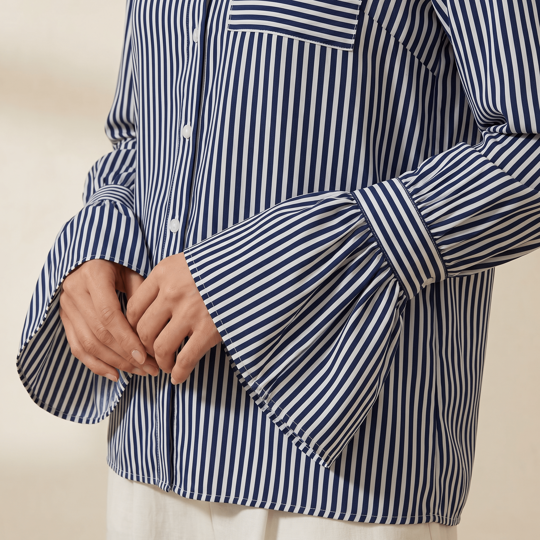 Blouse Women Flared Sleeve Striped Pattern Design - Evergreen Outfits - Women Blouse