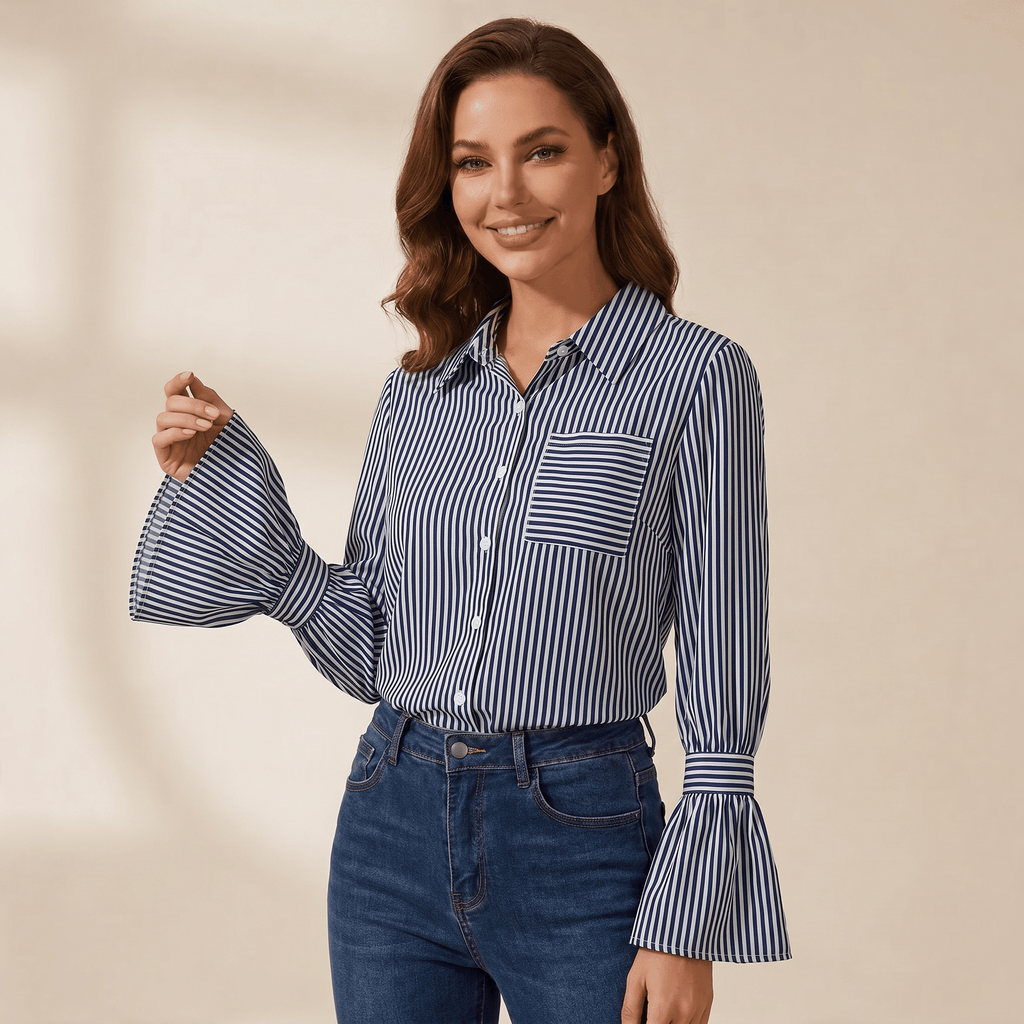 Blouse Women Flared Sleeve Striped Pattern Design - Evergreen Outfits - Women Blouse