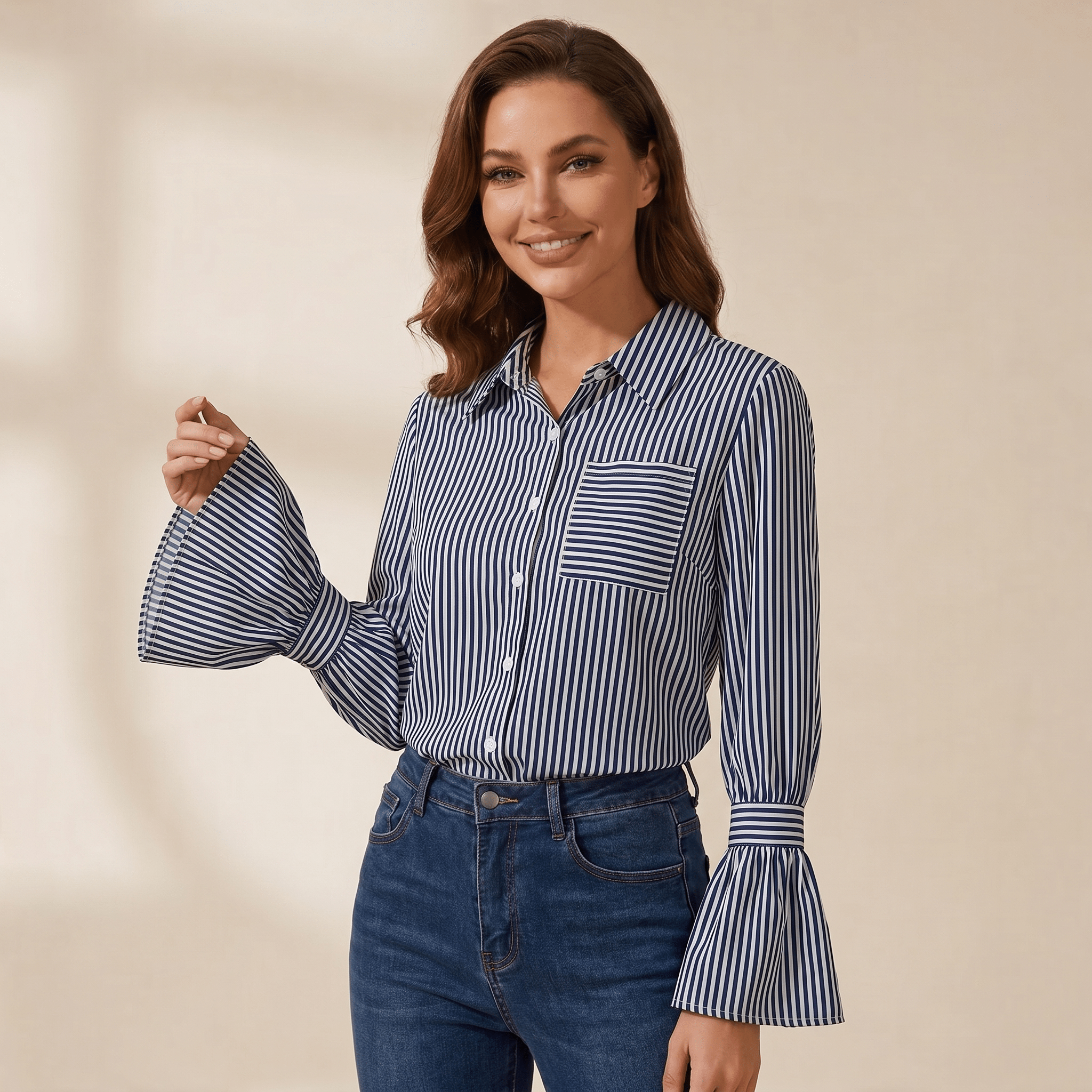 Blouse Women Flared Sleeve Striped Pattern Design - Evergreen Outfits - Women Blouse