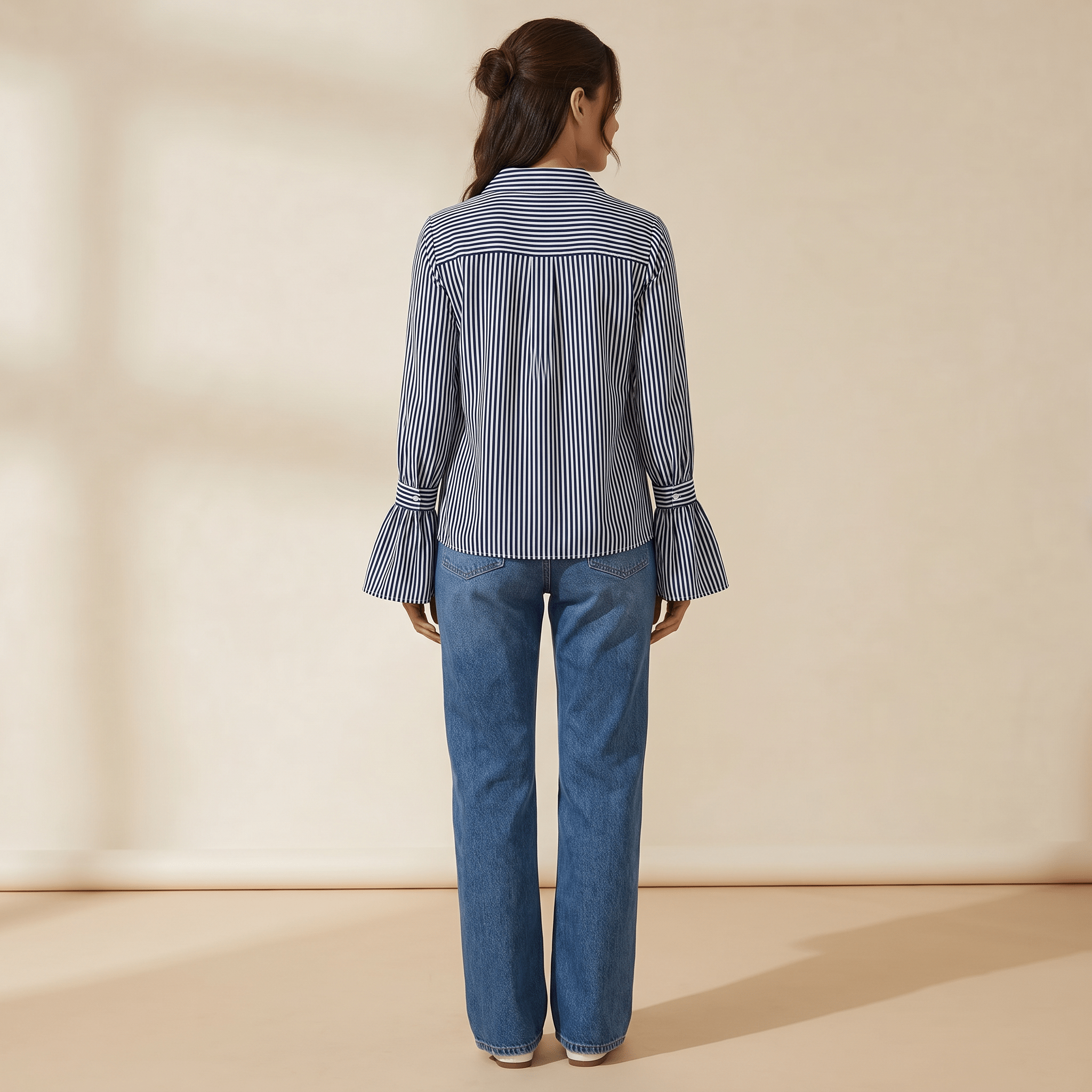 Blouse Women Flared Sleeve Striped Pattern Design - Evergreen Outfits - Women Blouse
