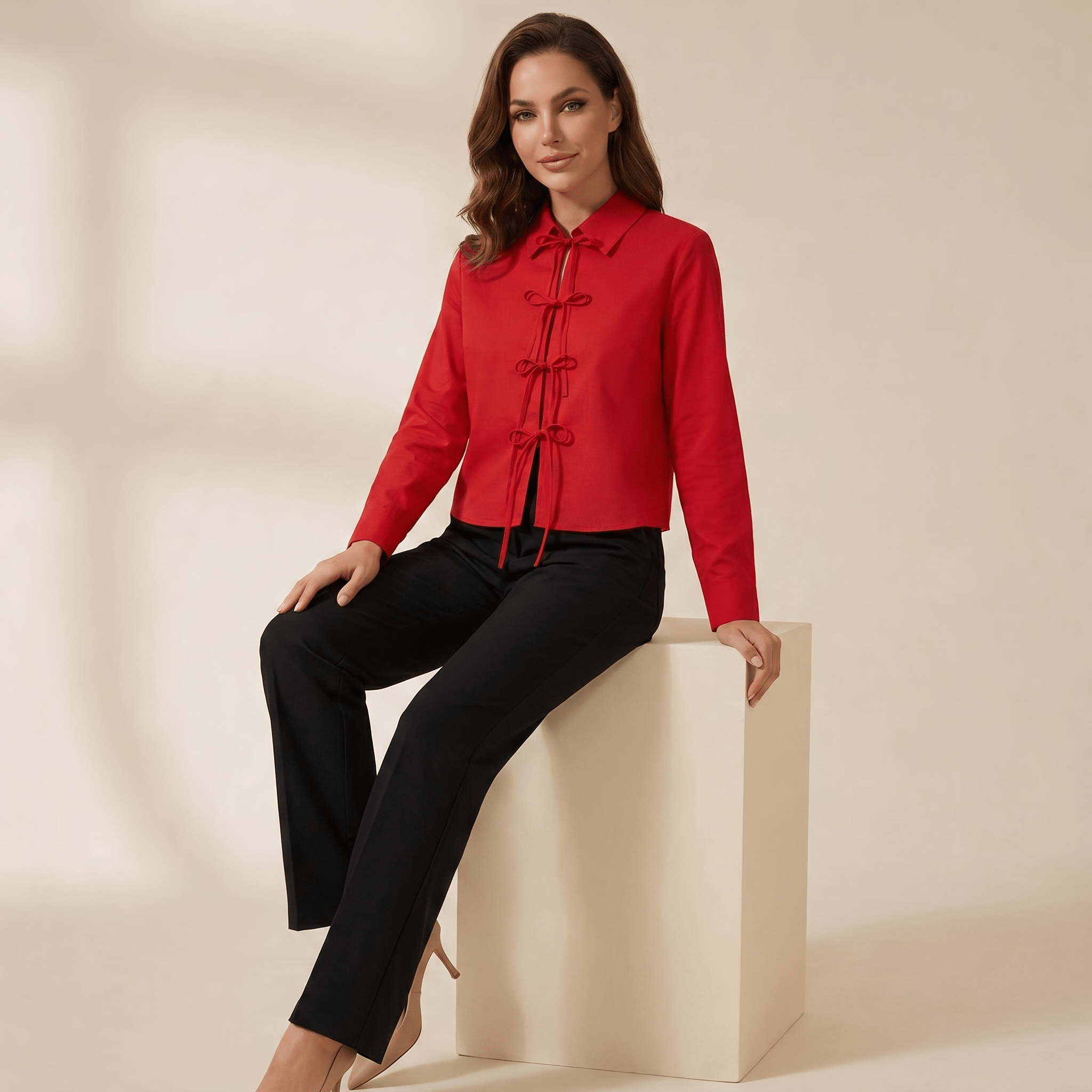 Blouse Women Long Sleeve Lace Up Closure Structured Fit - Evergreen Outfits - Women Blouse