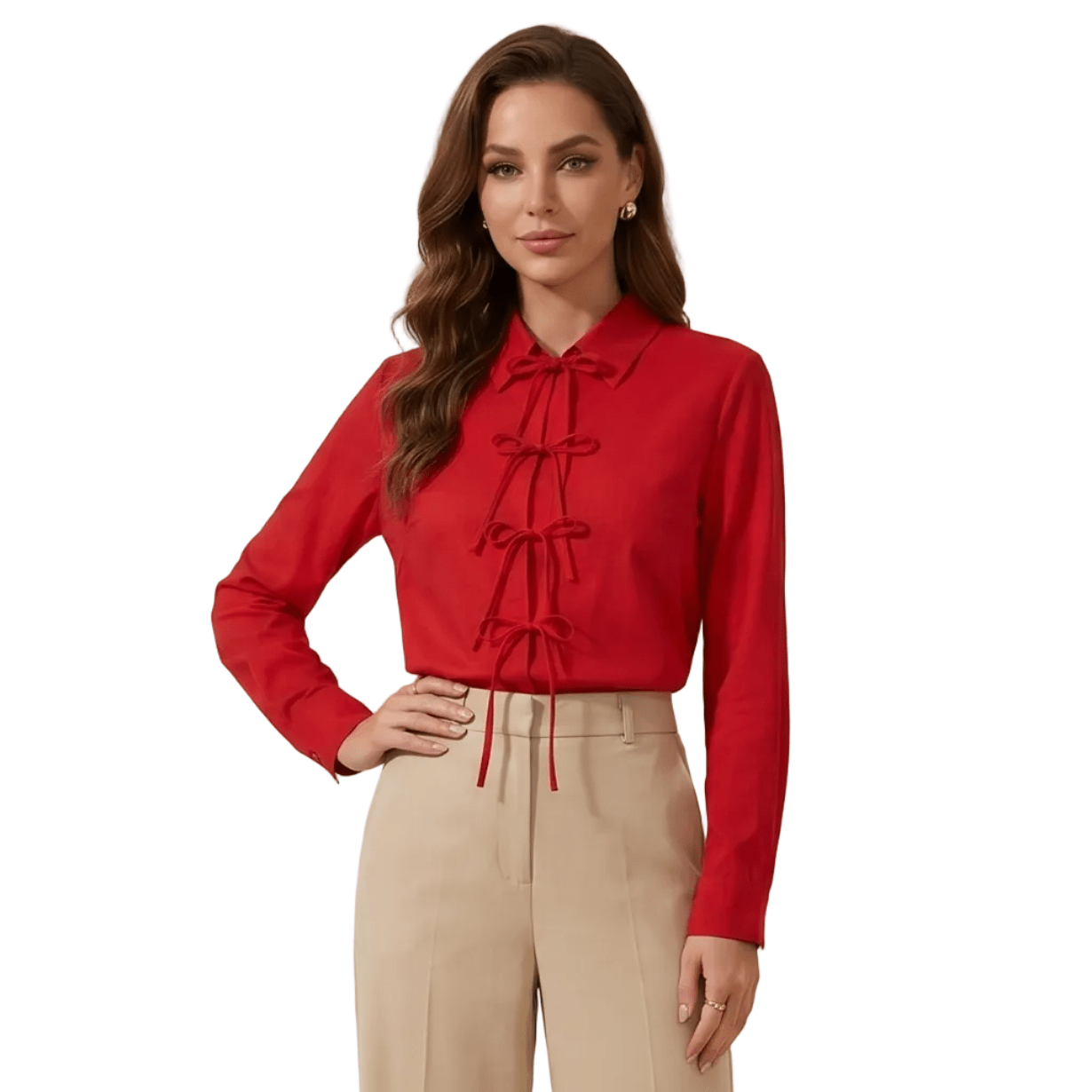 Blouse Women Long Sleeve Lace Up Closure Structured Fit - Evergreen Outfits - Women Blouse