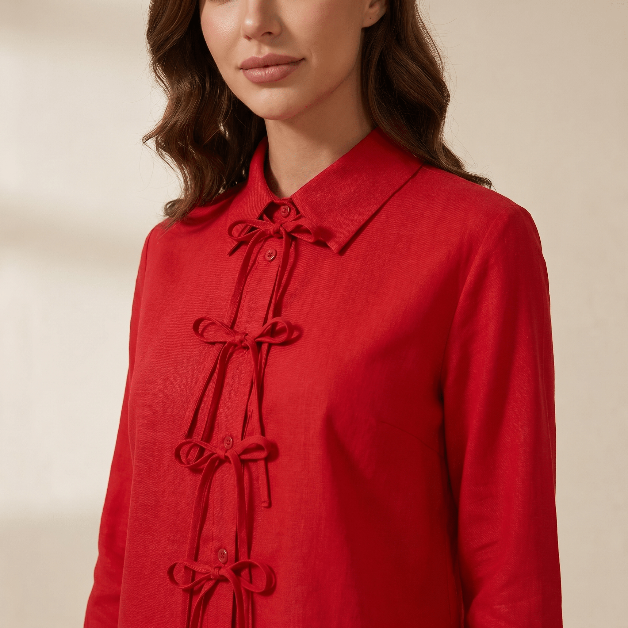 Blouse Women Long Sleeve Lace Up Closure Structured Fit - Evergreen Outfits - Women Blouse