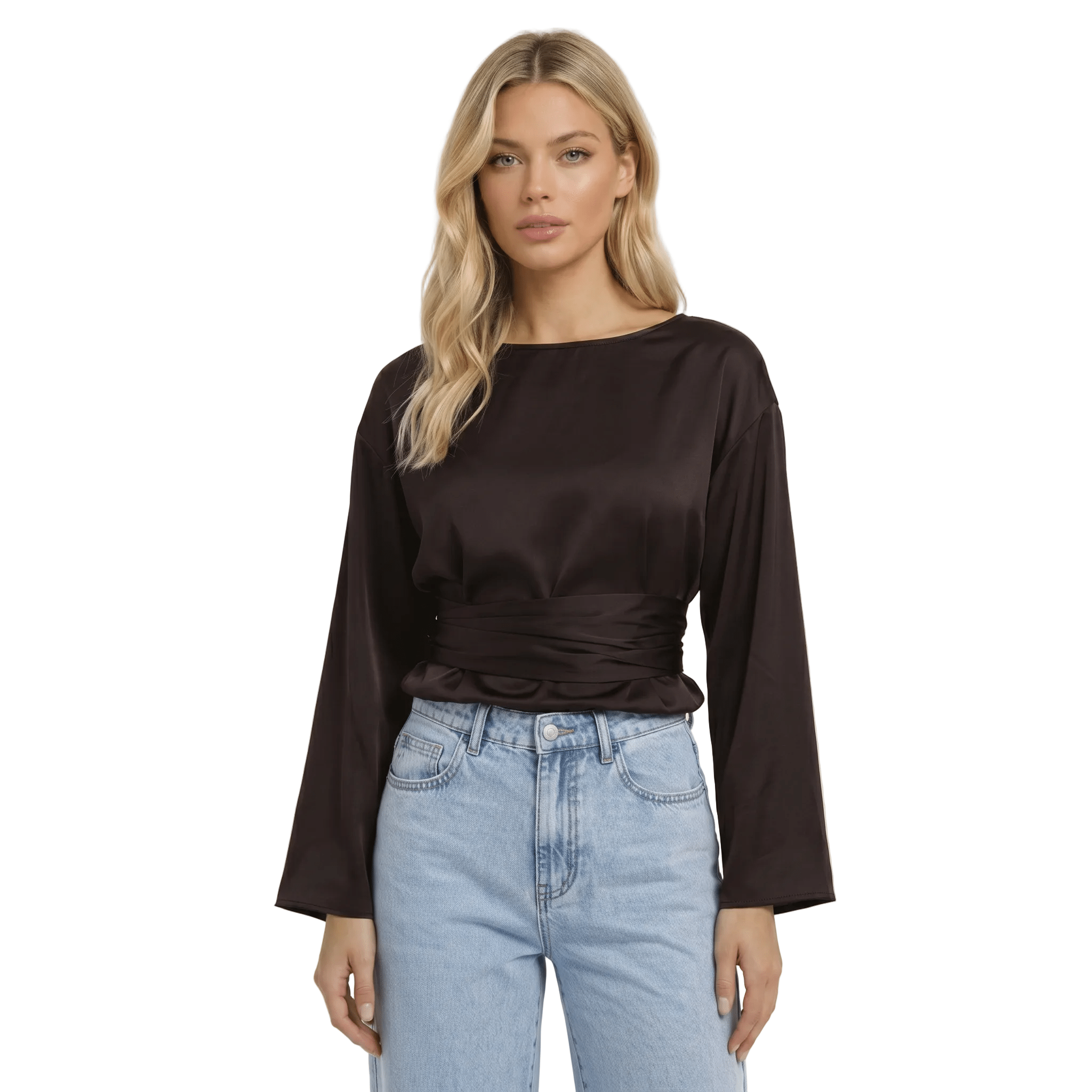 Blouse Women Long Sleeve Side Tie Closure Bow Detail - Evergreen Outfits - Women Blouse