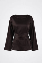Blouse Women Long Sleeve Side Tie Closure Bow Detail - Evergreen Outfits - Women Blouse