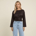 Blouse Women Long Sleeve Side Tie Closure Bow Detail - Evergreen Outfits - Women Blouse