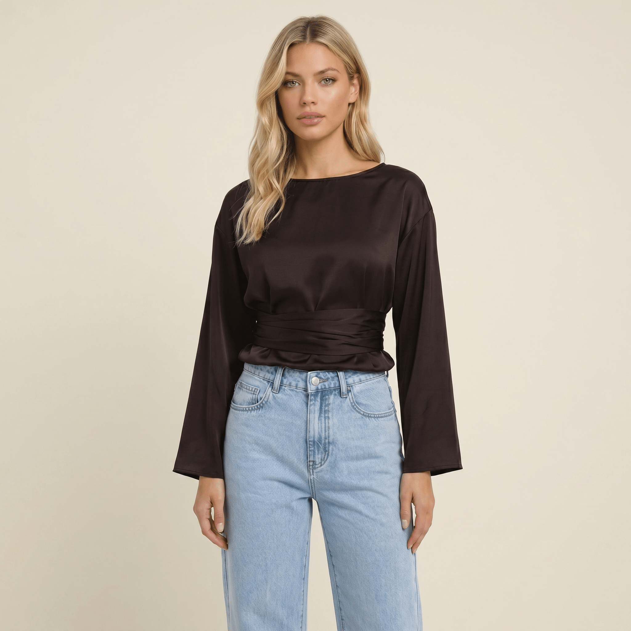 Blouse Women Long Sleeve Side Tie Closure Bow Detail - Evergreen Outfits - Women Blouse