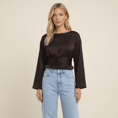 Blouse Women Long Sleeve Side Tie Closure Bow Detail - Evergreen Outfits - Women Blouse