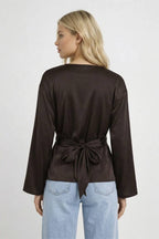 Blouse Women Long Sleeve Side Tie Closure Bow Detail - Evergreen Outfits - Women Blouse