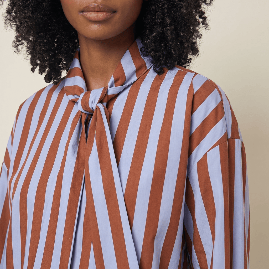 Blouse Women Loose Fit Long Sleeve Bow Neck Striped Design - Evergreen Outfits - Women Blouse