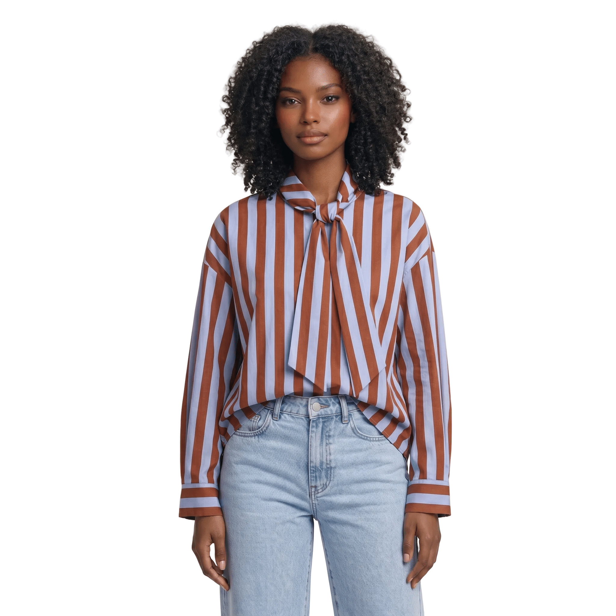 Blouse Women Loose Fit Long Sleeve Bow Neck Striped Design - Evergreen Outfits - Women Blouse