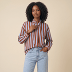 Blouse Women Loose Fit Long Sleeve Bow Neck Striped Design - Evergreen Outfits - Women Blouse