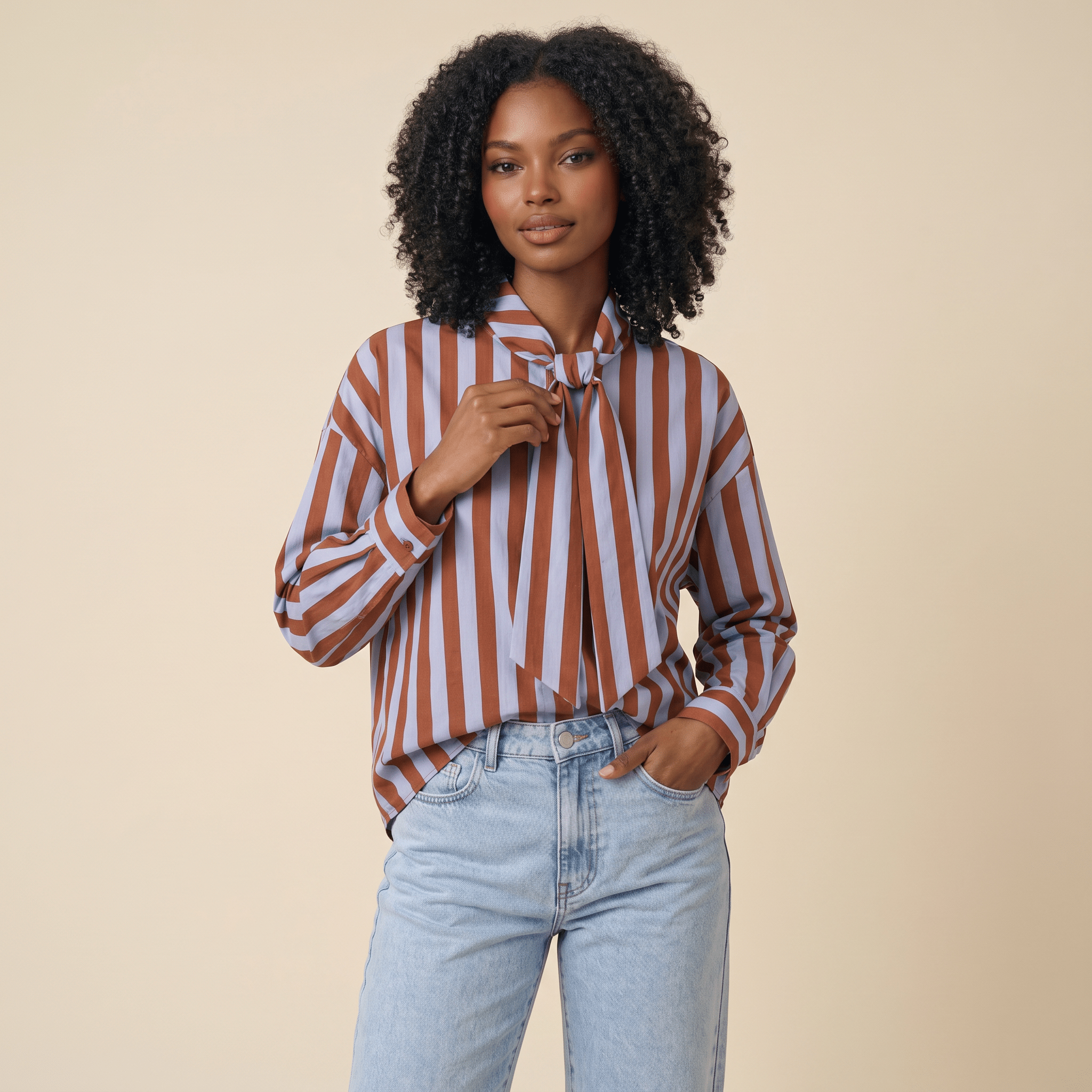 Blouse Women Loose Fit Long Sleeve Bow Neck Striped Design - Evergreen Outfits - Women Blouse