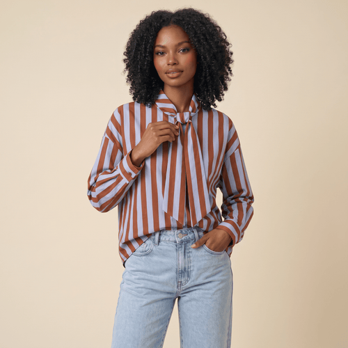 Blouse Women Loose Fit Long Sleeve Bow Neck Striped Design - Evergreen Outfits - Women Blouse