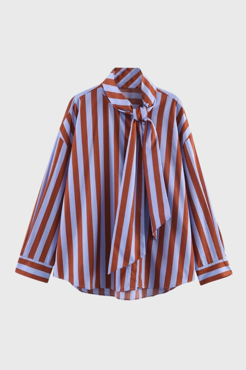 Blouse Women Loose Fit Long Sleeve Bow Neck Striped Design - Evergreen Outfits - Women Blouse