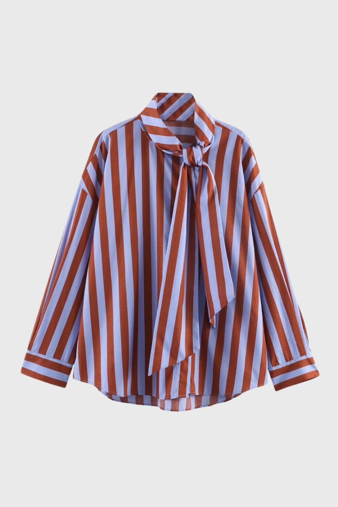 Blouse Women Loose Fit Long Sleeve Bow Neck Striped Design - Evergreen Outfits - Women Blouse