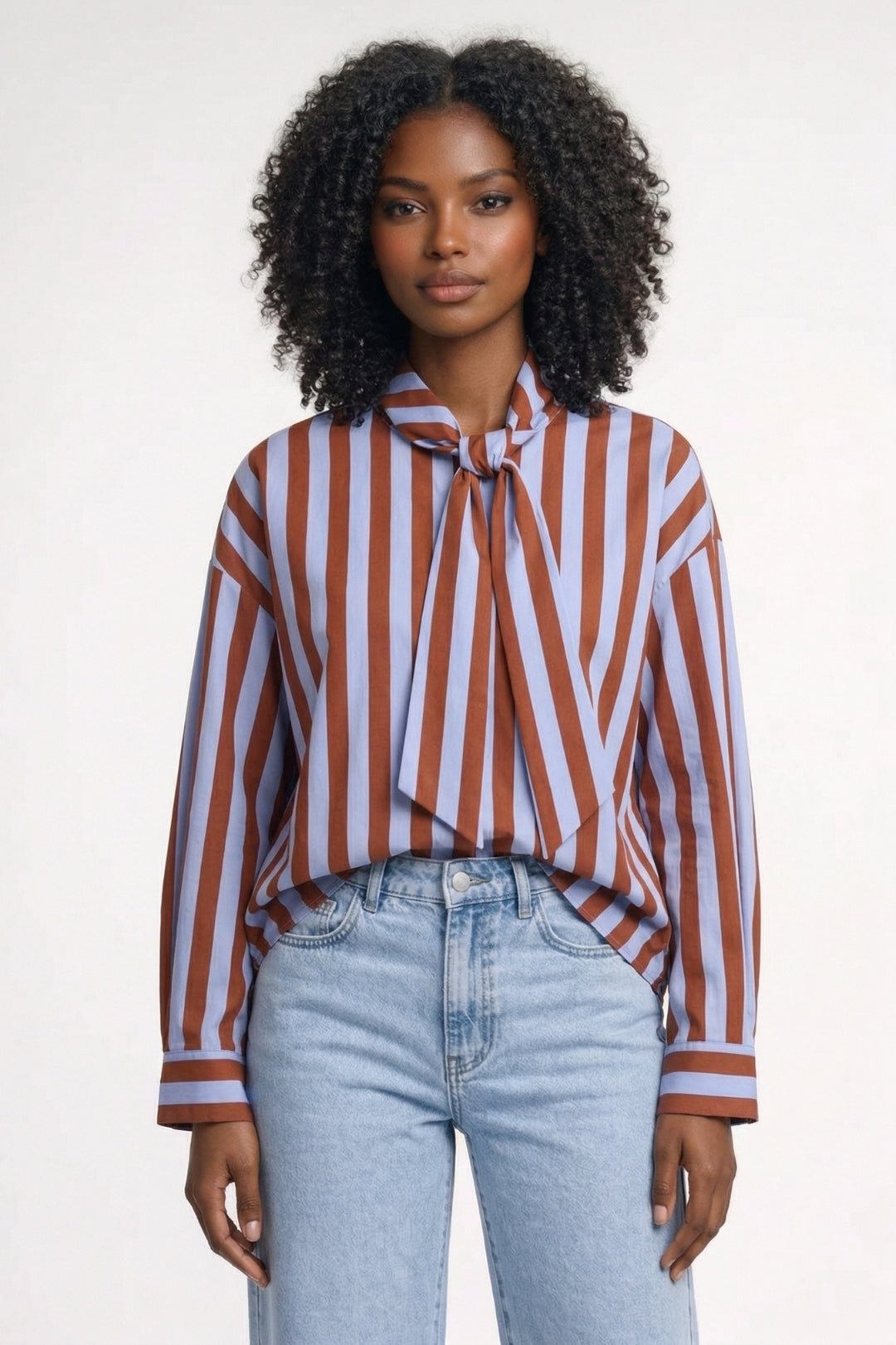 Blouse Women Loose Fit Long Sleeve Bow Neck Striped Design - Evergreen Outfits - Women Blouse