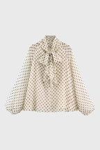 Blouse Women Loose Fit Long Sleeve Bow Neckline - Evergreen Outfits - Women Blouse