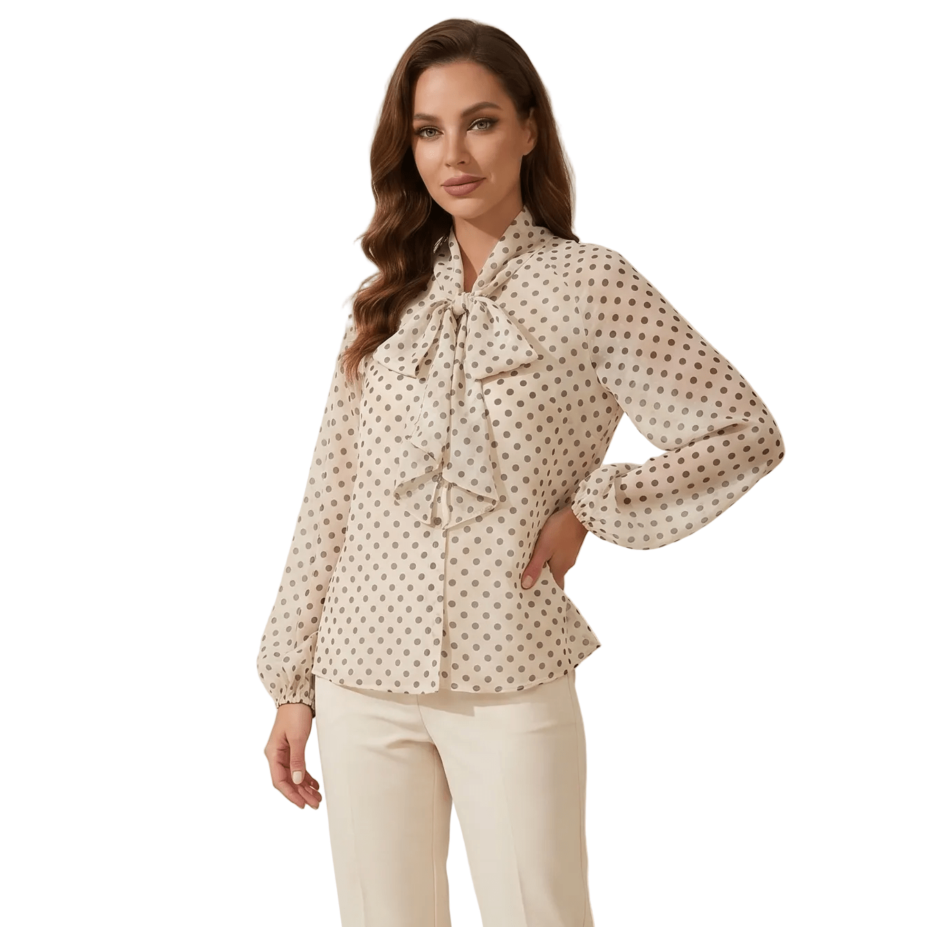 Blouse Women Loose Fit Long Sleeve Bow Neckline - Evergreen Outfits - Women Blouse