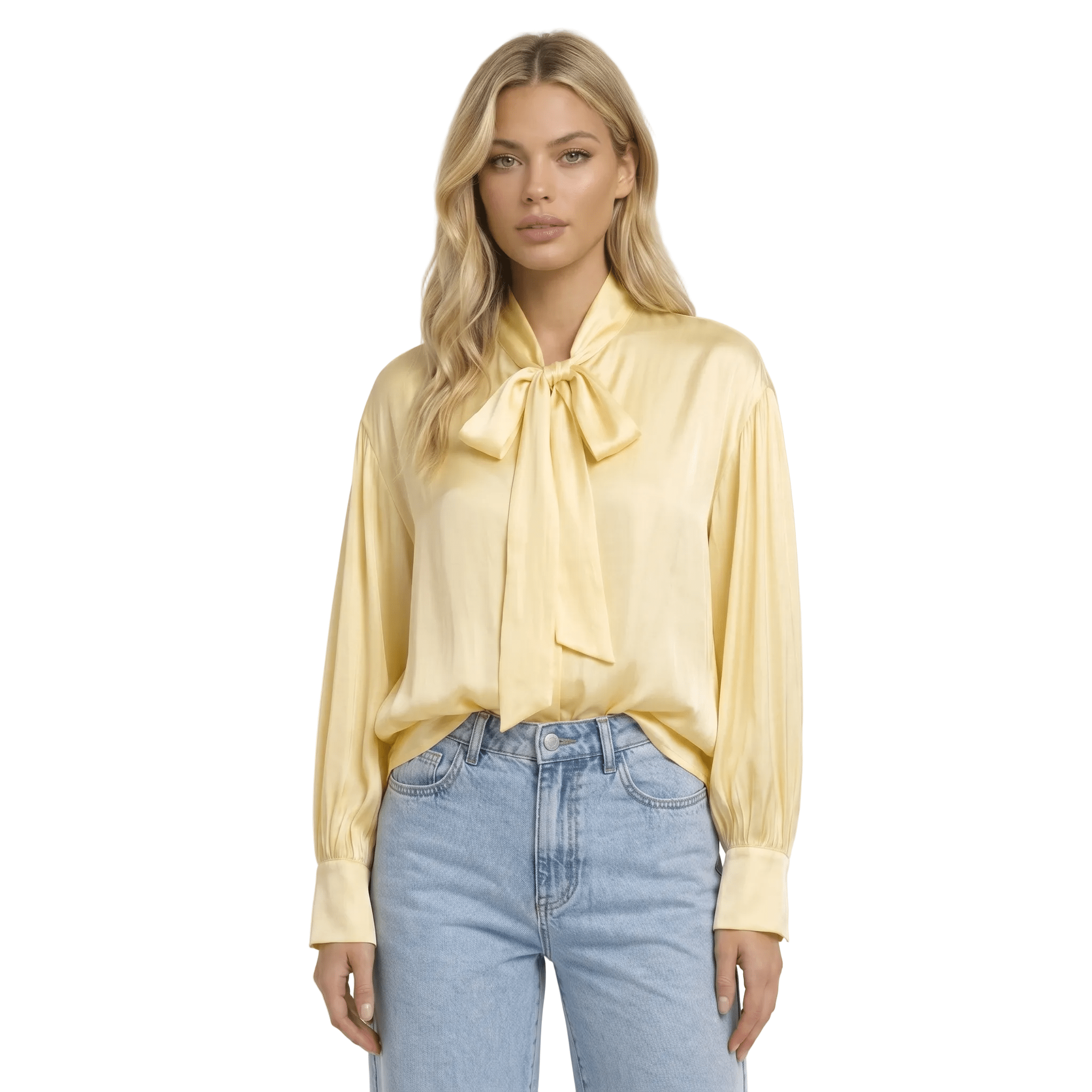 Blouse Women Loose Fit Long Sleeve Bow Neckline Detail - Evergreen Outfits - Women Blouse