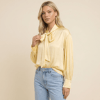 Blouse Women Loose Fit Long Sleeve Bow Neckline Detail - Evergreen Outfits - Women Blouse