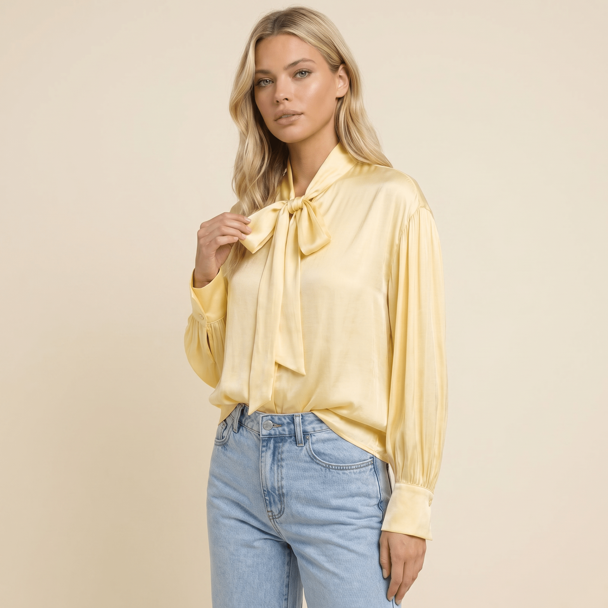 Blouse Women Loose Fit Long Sleeve Bow Neckline Detail - Evergreen Outfits - Women Blouse