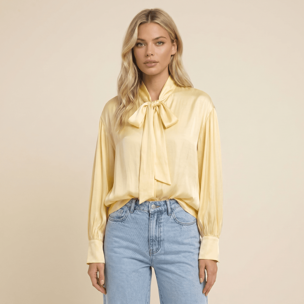 Blouse Women Loose Fit Long Sleeve Bow Neckline Detail - Evergreen Outfits - Women Blouse