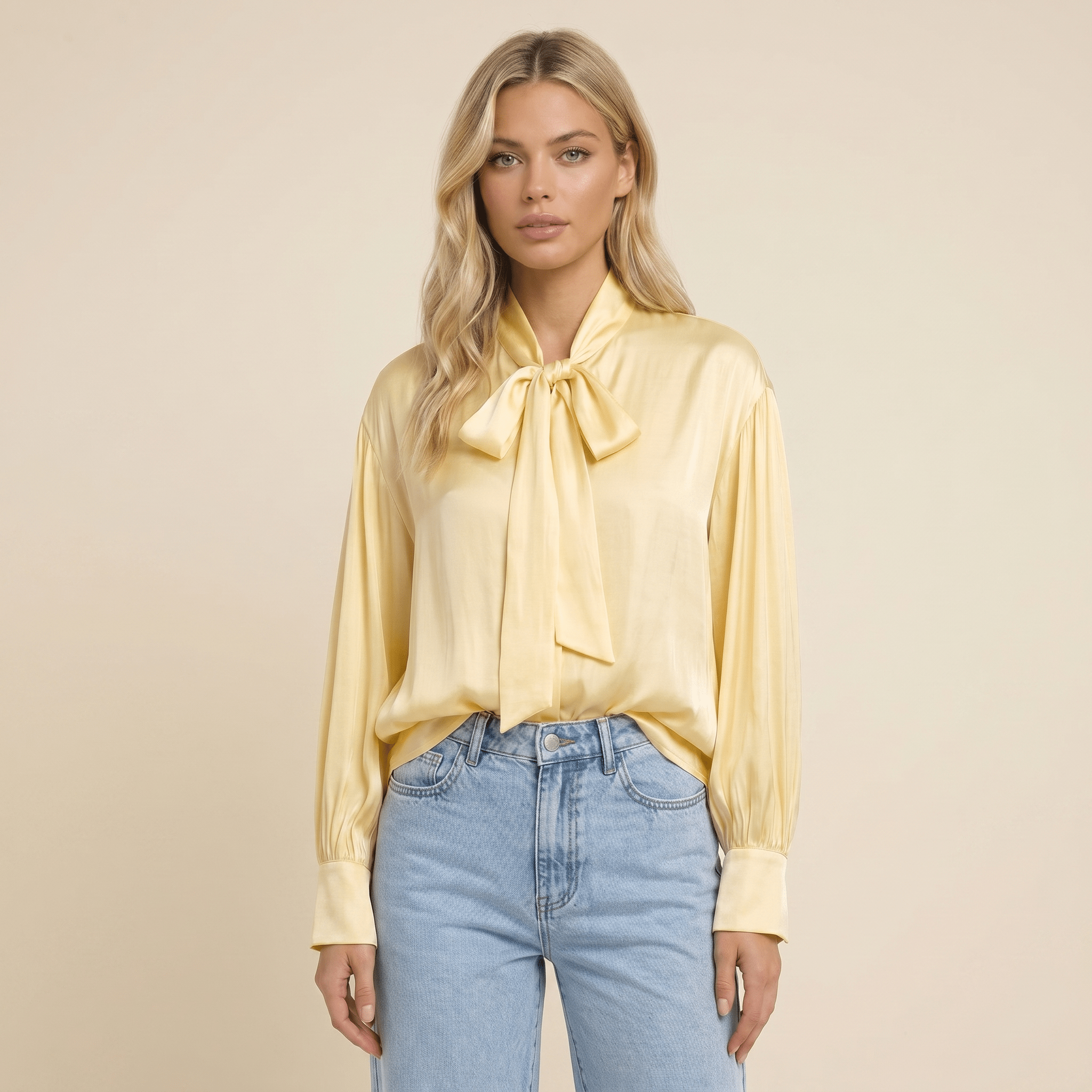 Blouse Women Loose Fit Long Sleeve Bow Neckline Detail - Evergreen Outfits - Women Blouse