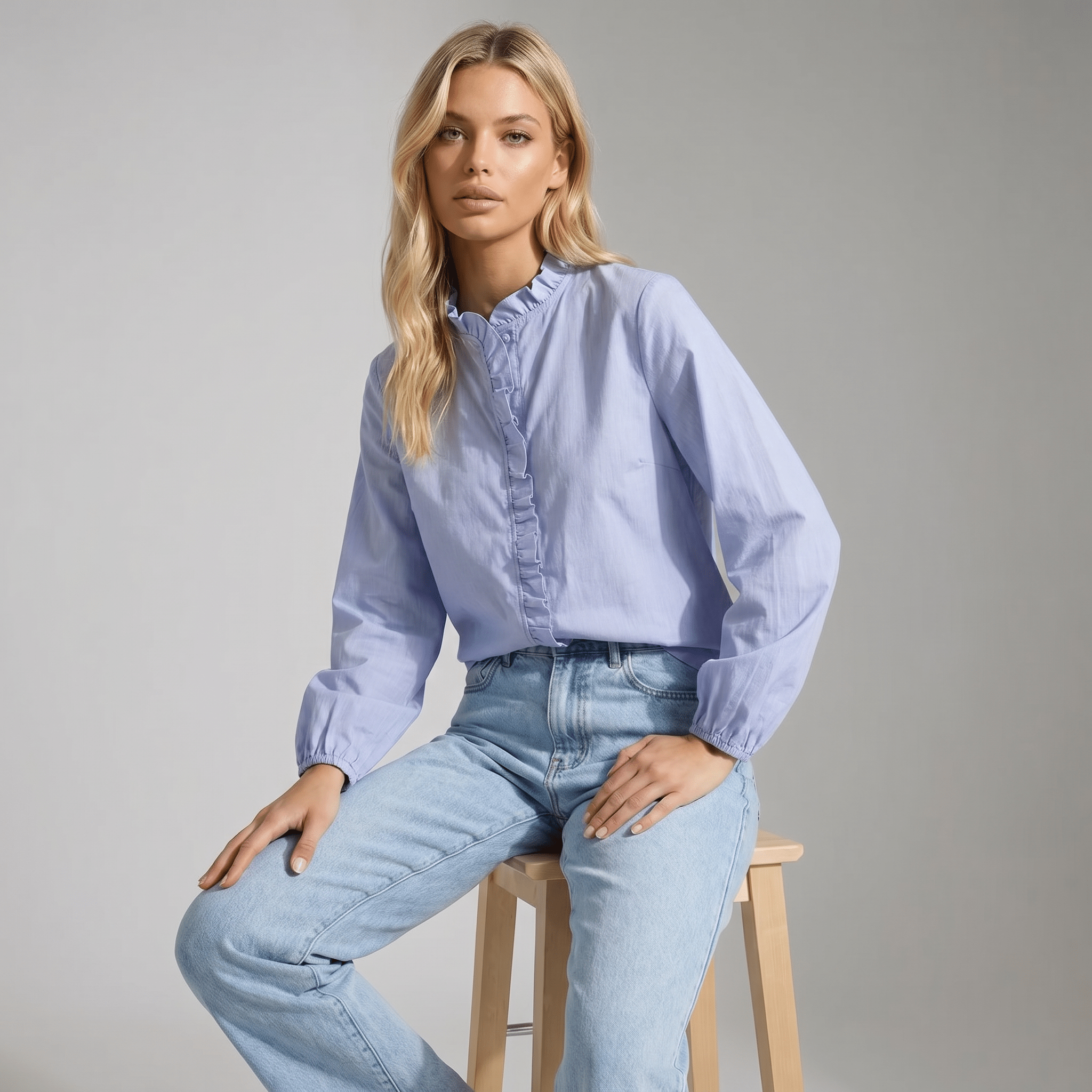 Blouse Women Loose Fit Long Sleeve Ruffle Detail Design - Evergreen Outfits - Women Blouse