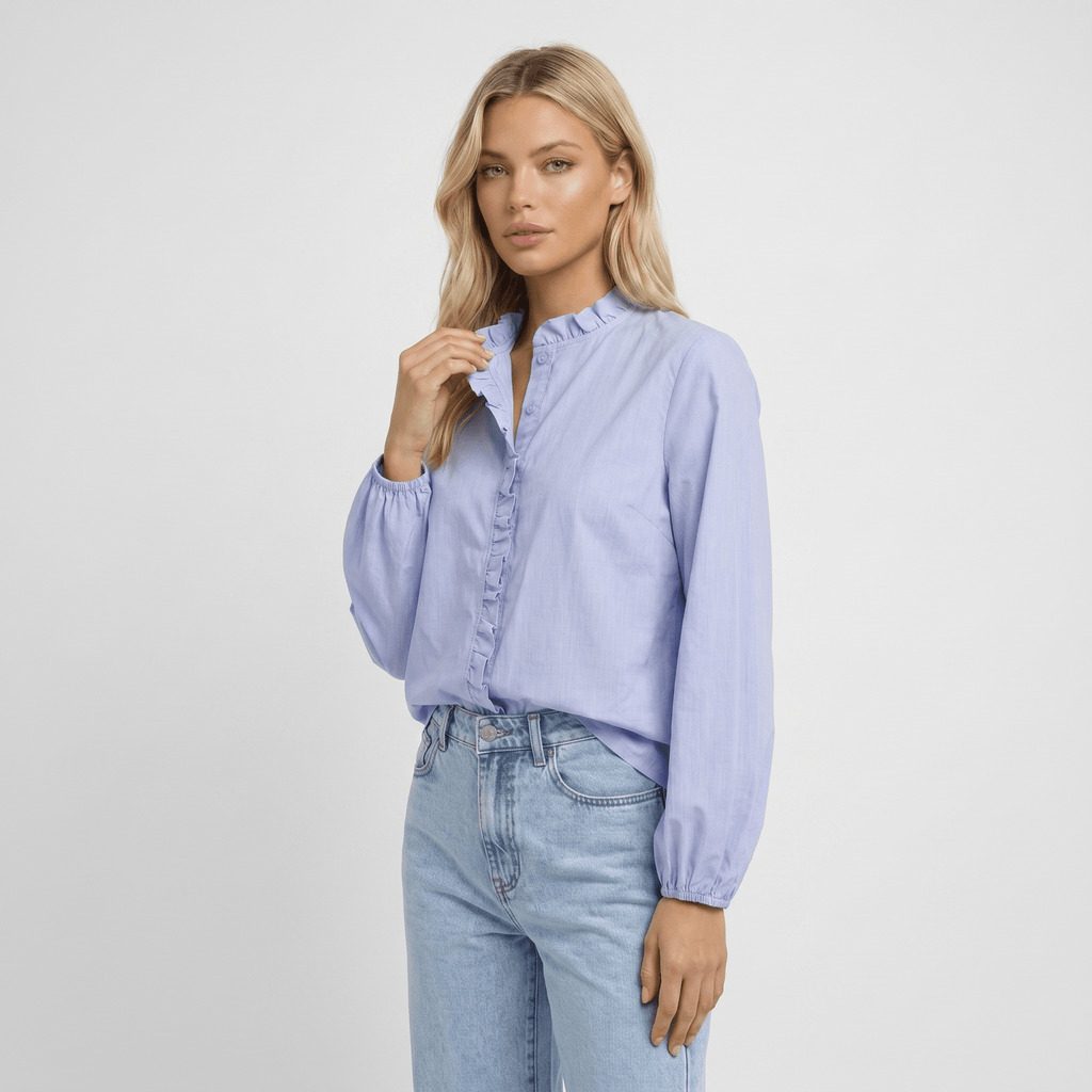 Blouse Women Loose Fit Long Sleeve Ruffle Detail Design - Evergreen Outfits - Women Blouse