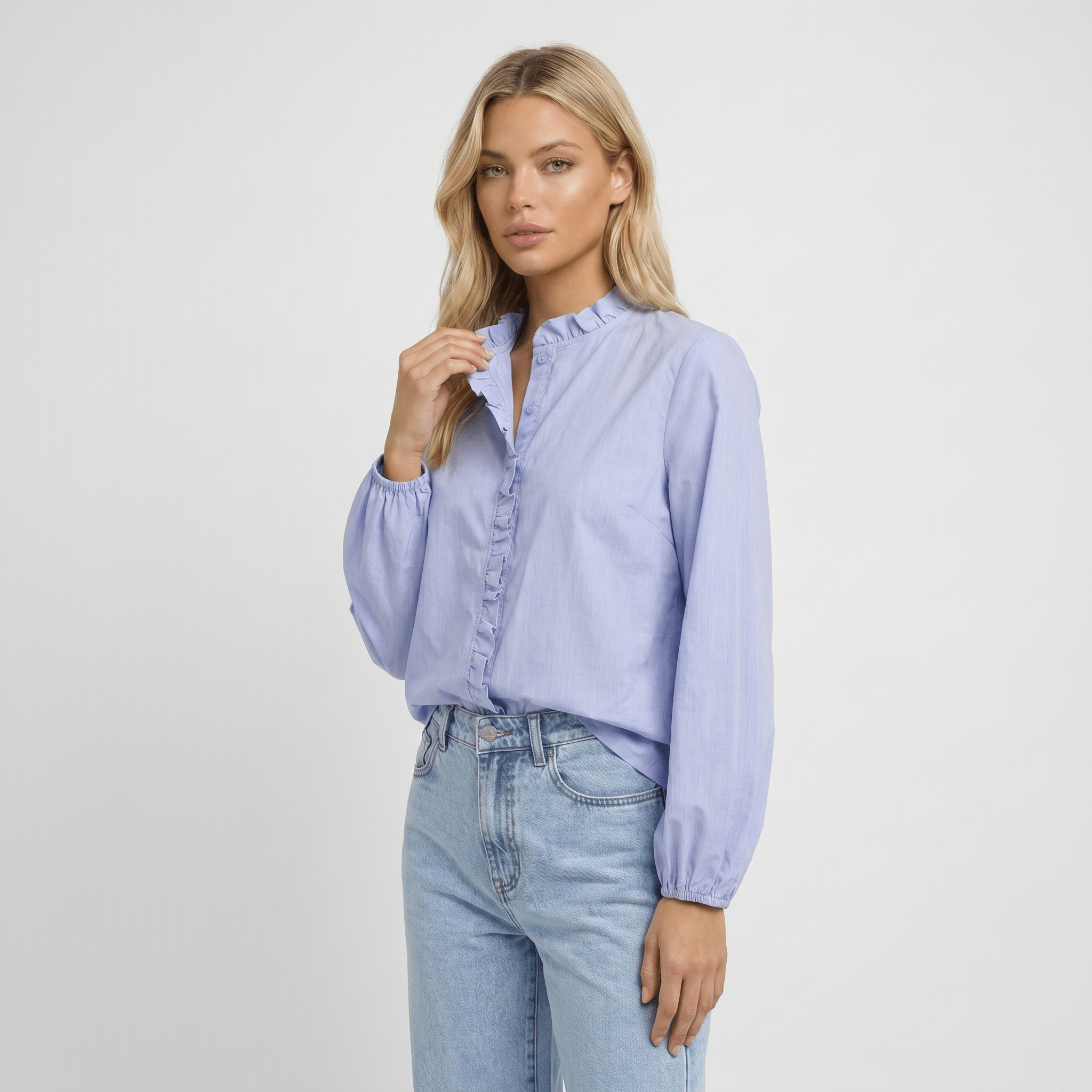 Blouse Women Loose Fit Long Sleeve Ruffle Detail Design - Evergreen Outfits - Women Blouse