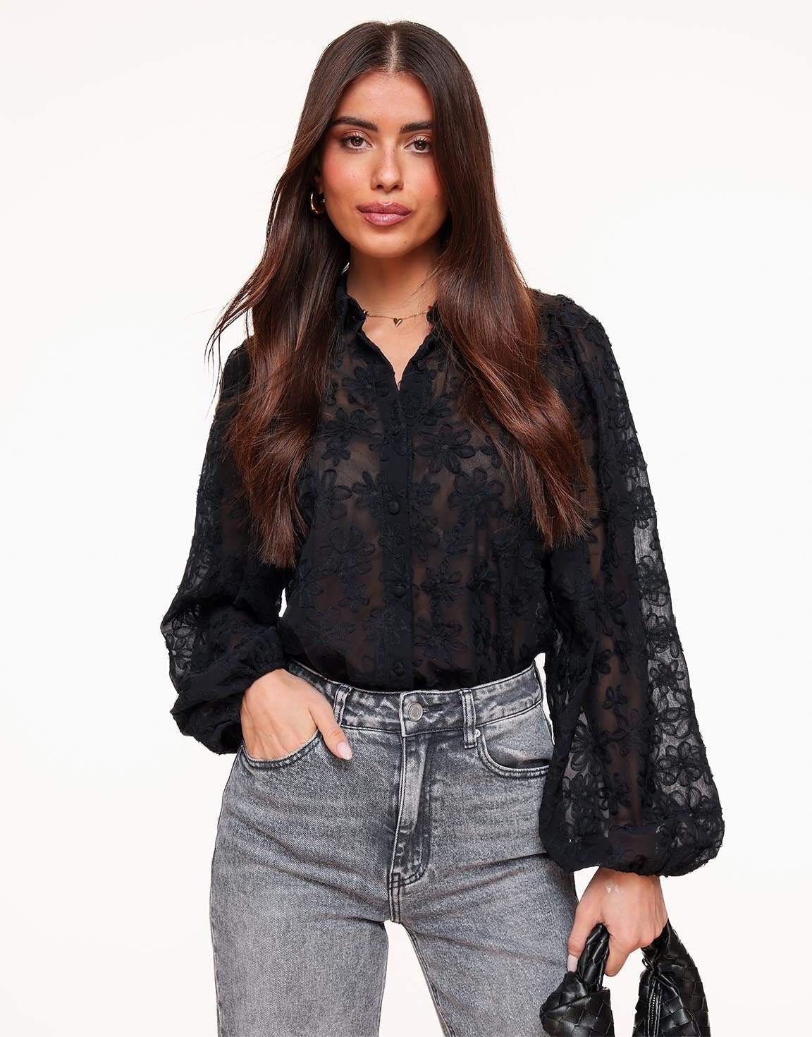 Blouse Women Loose Fit Sheer Floral Embroidered Pattern - Evergreen Outfits - Women Blouse