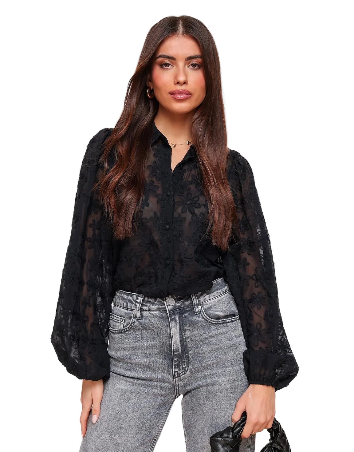 Blouse Women Loose Fit Sheer Floral Embroidered Pattern - Evergreen Outfits - Women Blouse
