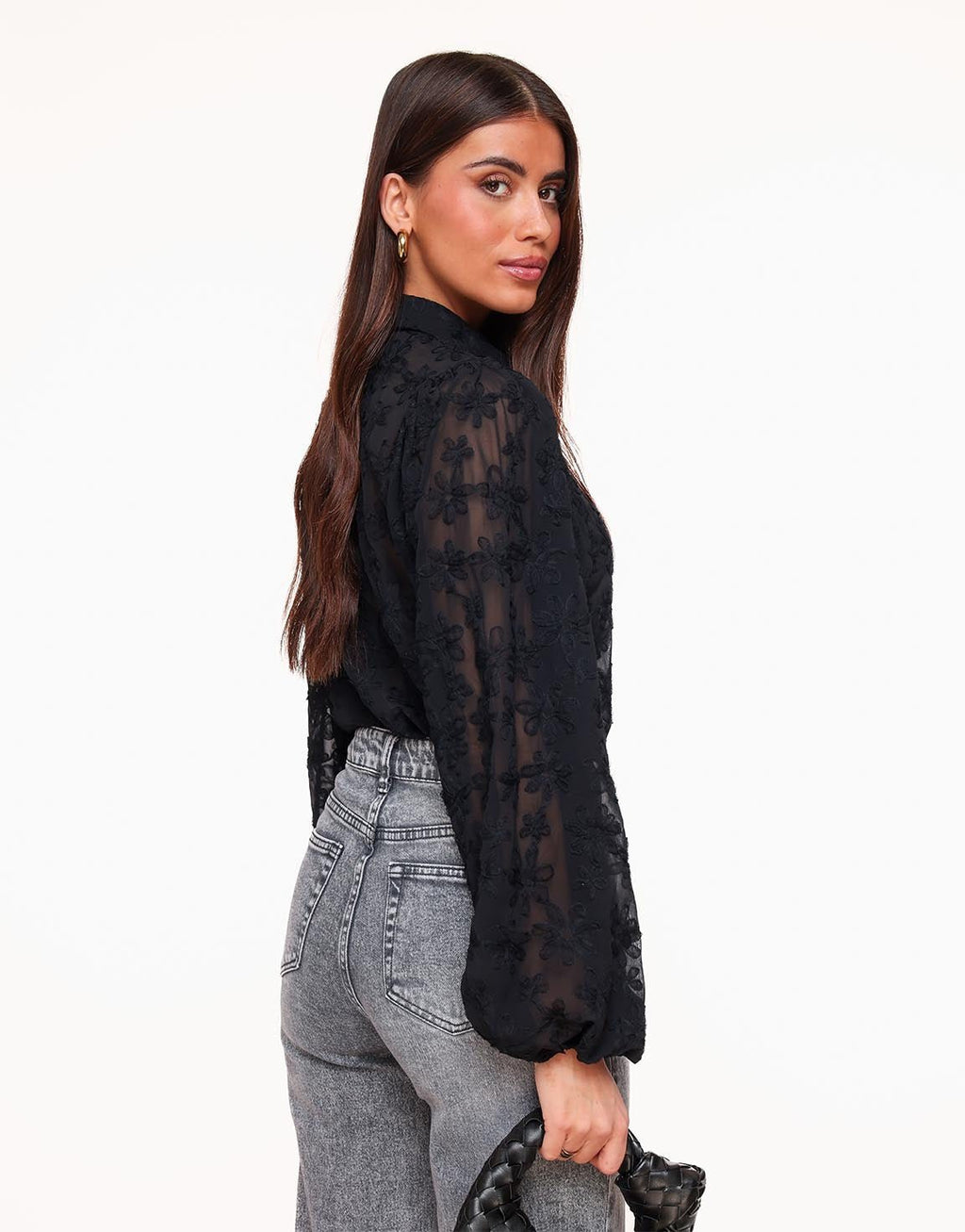 Blouse Women Loose Fit Sheer Floral Embroidered Pattern - Evergreen Outfits - Women Blouse