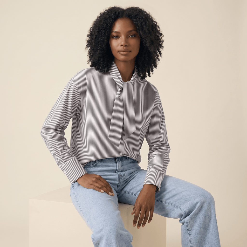 Blouse Women Striped Long Sleeve Loose Fit Ruffle Detail - Evergreen Outfits - Women Blouse