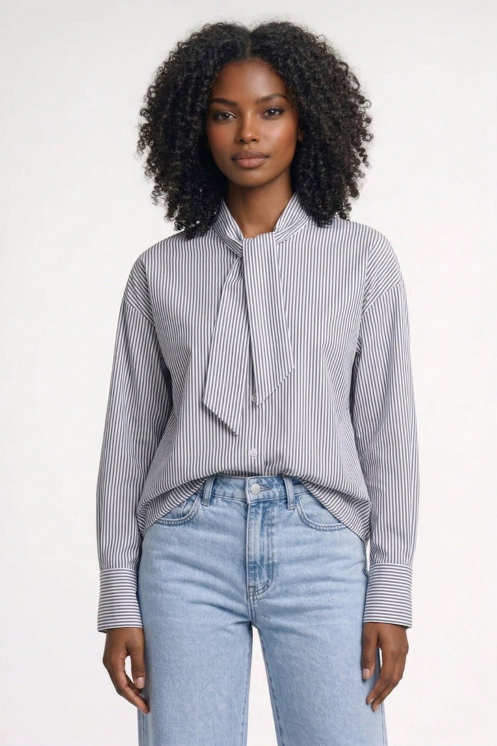 Blouse Women Striped Long Sleeve Loose Fit Ruffle Detail - Evergreen Outfits - Women Blouse