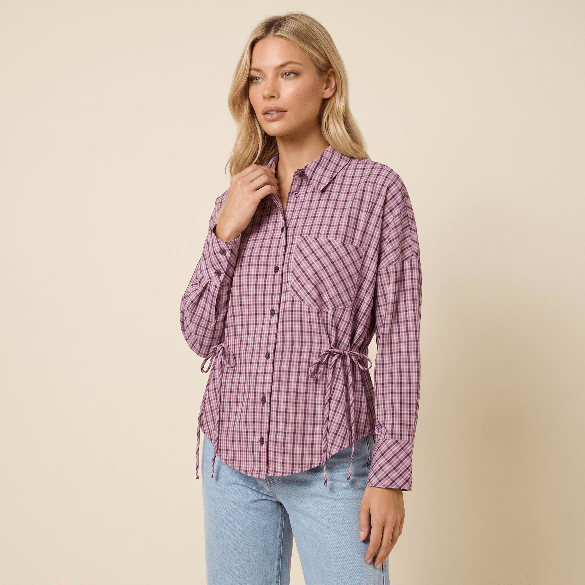 Blouse Women Tailored Fit Long Sleeve Checked Design - Evergreen Outfits - Women Blouse