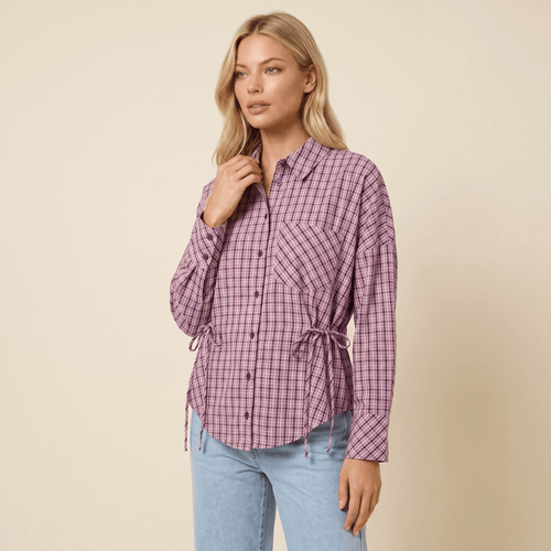 Blouse Women Tailored Fit Long Sleeve Checked Design - Evergreen Outfits - Women Blouse