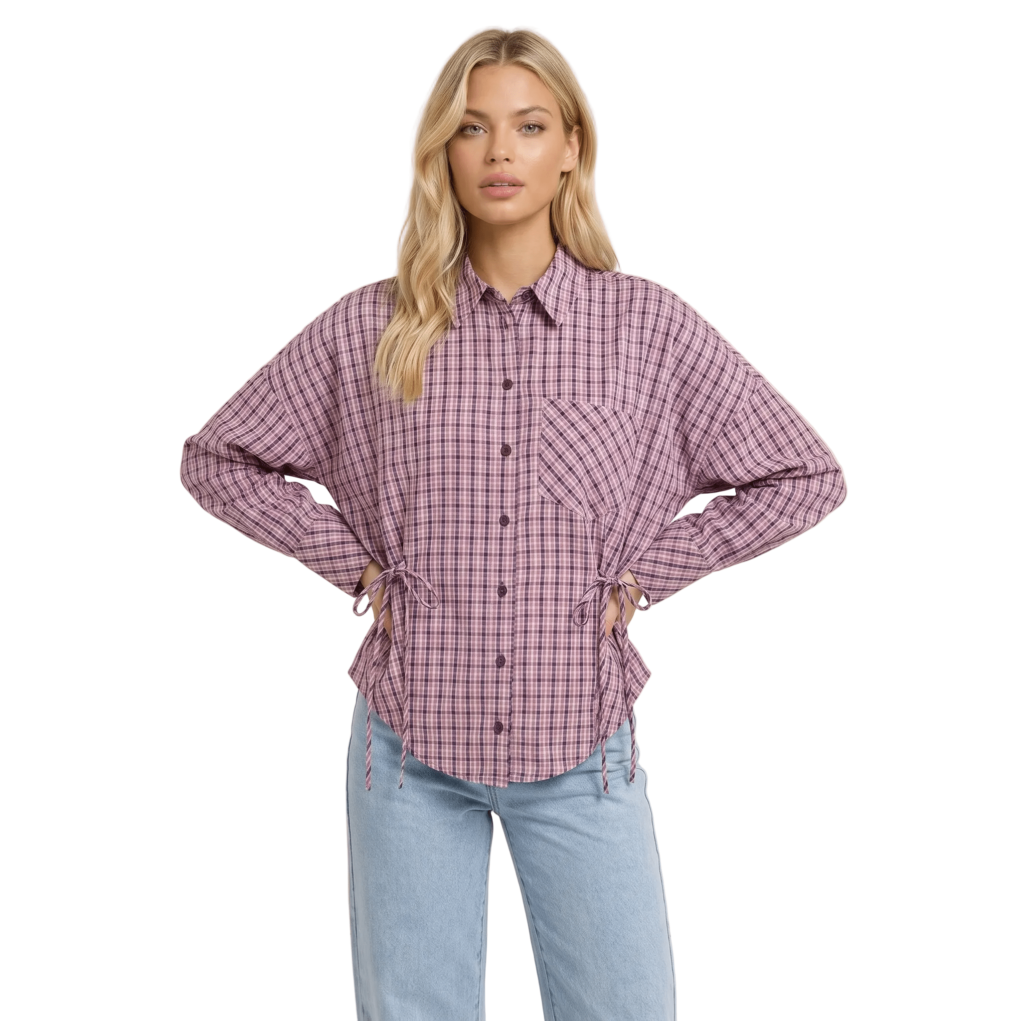 Blouse Women Tailored Fit Long Sleeve Checked Design - Evergreen Outfits - Women Blouse