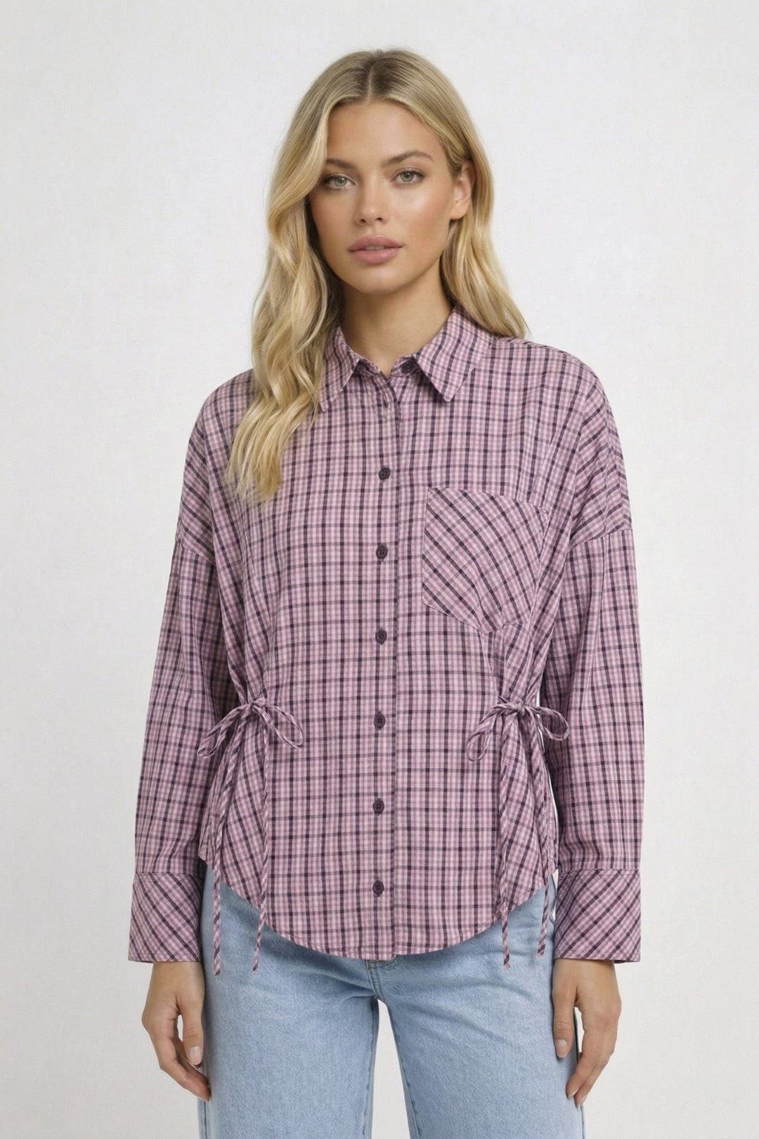 Blouse Women Tailored Fit Long Sleeve Checked Design - Evergreen Outfits - Women Blouse