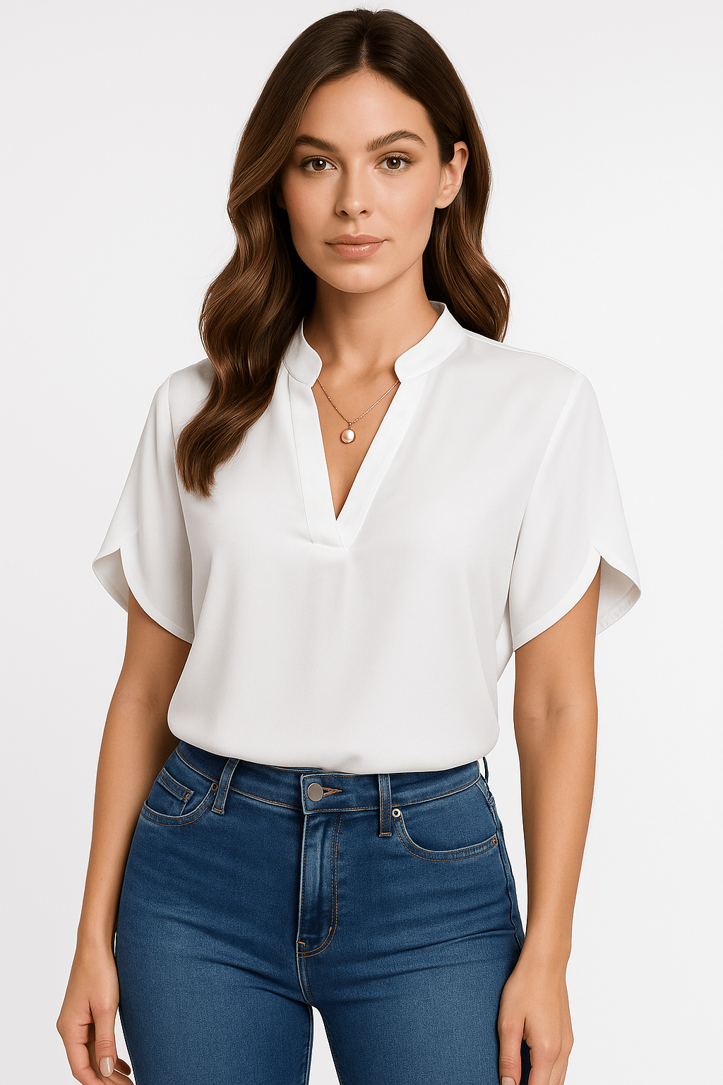 Blouse Women V - Neck Mandarin Collar Short Sleeve - Evergreen Outfits - Women Blouse