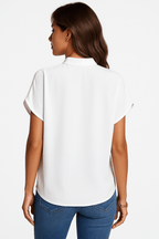 Blouse Women V - Neck Mandarin Collar Short Sleeve - Evergreen Outfits - Women Blouse