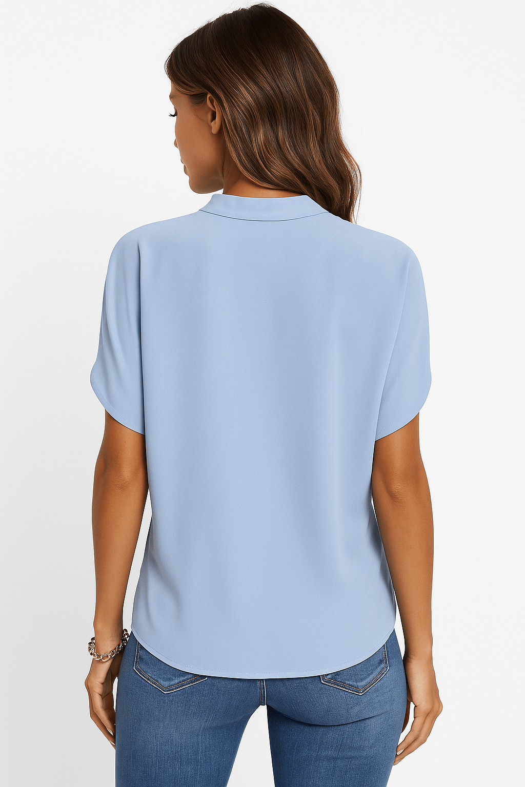 Blouse Women V - Neck Mandarin Collar Short Sleeve - Evergreen Outfits - Women Blouse