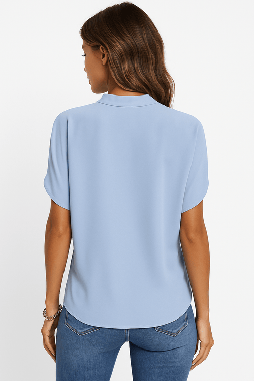 Blouse Women V - Neck Mandarin Collar Short Sleeve - Evergreen Outfits - Women Blouse