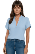 Blouse Women V - Neck Mandarin Collar Short Sleeve - Evergreen Outfits - Women Blouse