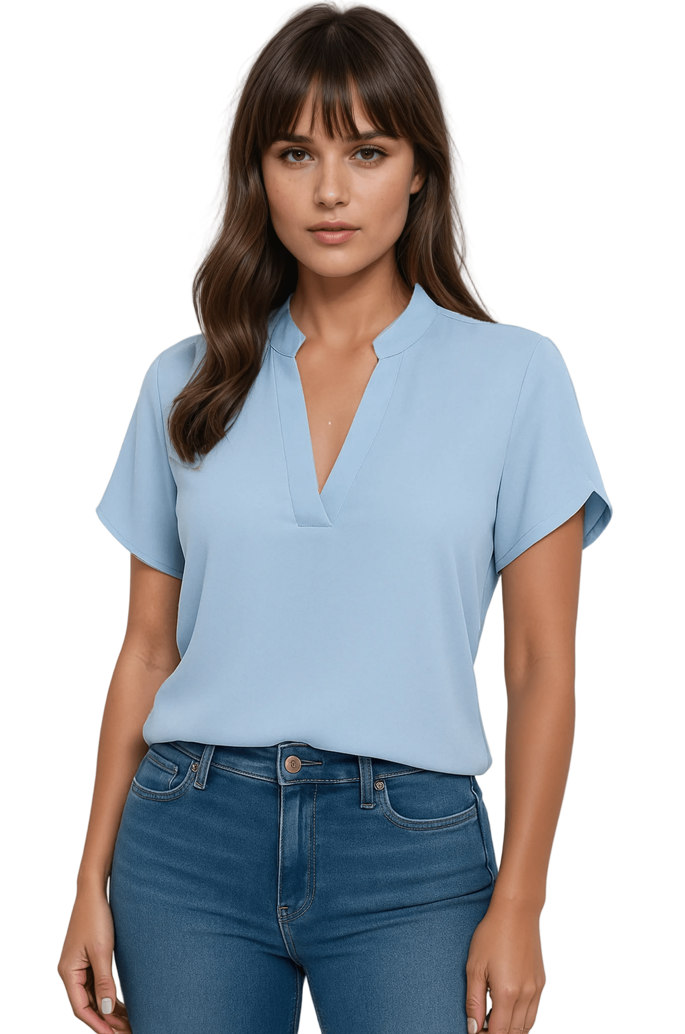 Blouse Women V - Neck Mandarin Collar Short Sleeve - Evergreen Outfits - Women Blouse